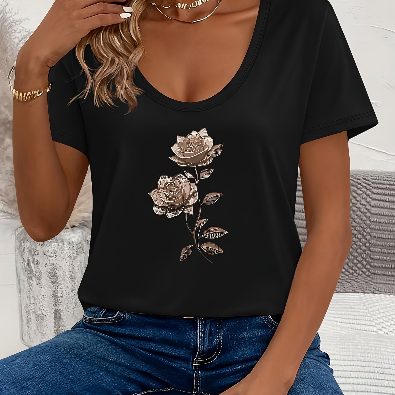 TEMU Women's Short-sleeve T-shirt With Floral Print, New Style In Multiple Colors, Casual And Versatile With A Trendy, Design. Suitable For , Perfect
