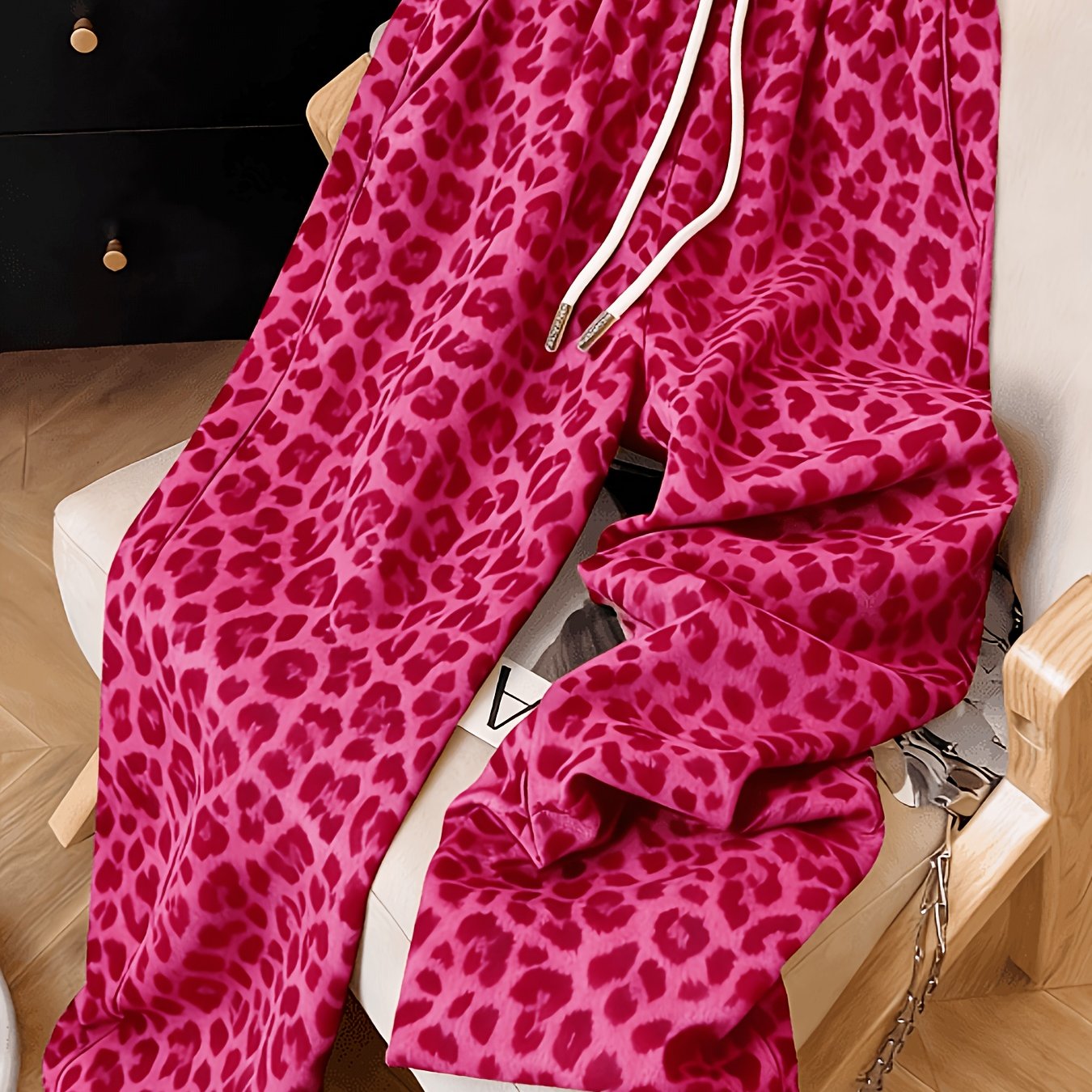 E-shop Frühling/Sommer Leichte Freizeithose mit Leopardenmuster weitem Bein, elastischer Bund mit Kordelzug, schräge , mit weitem Bein + Gavin