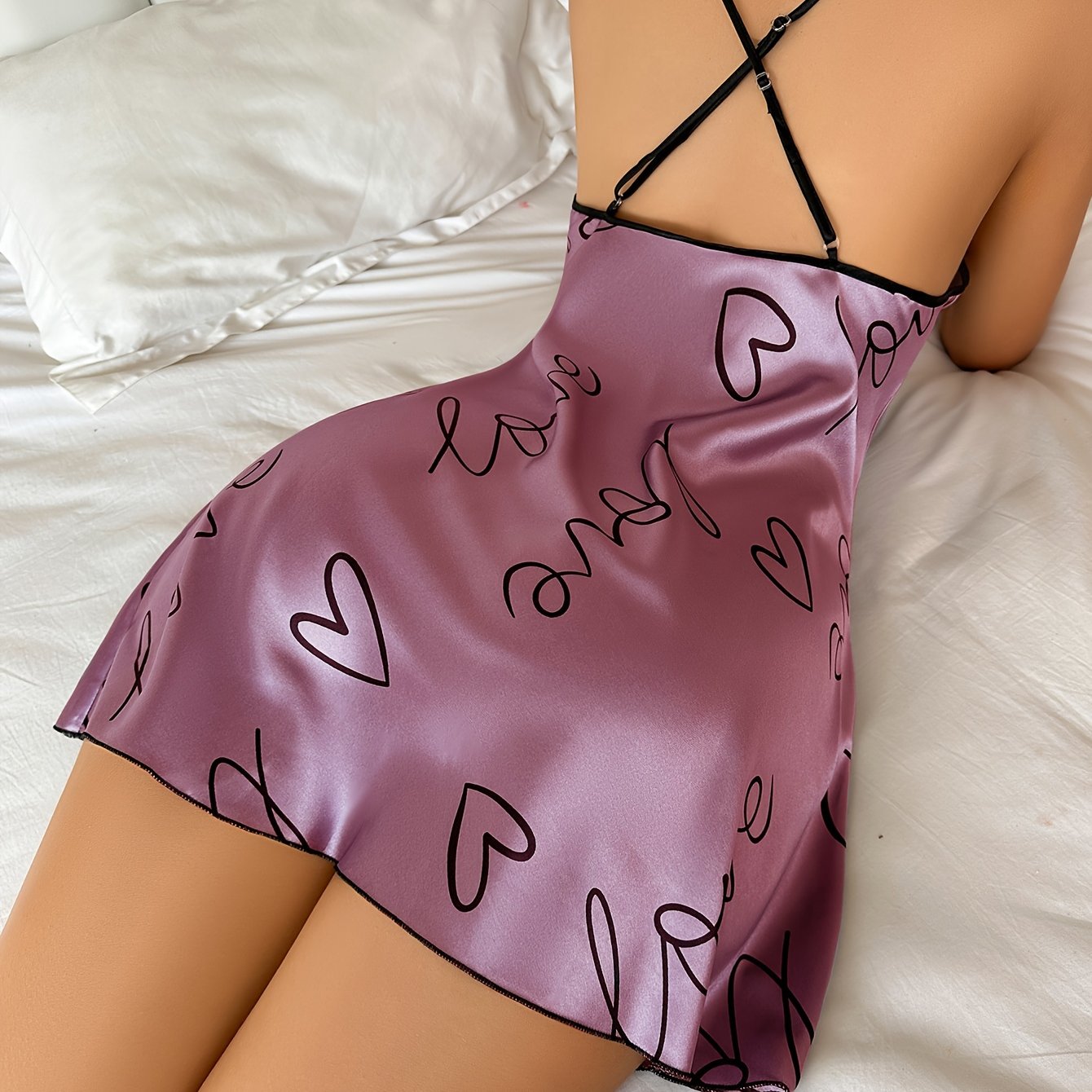 Elegant Heart Print Sexy Slip Nightdress Casual Comfy Night - Temu Canada