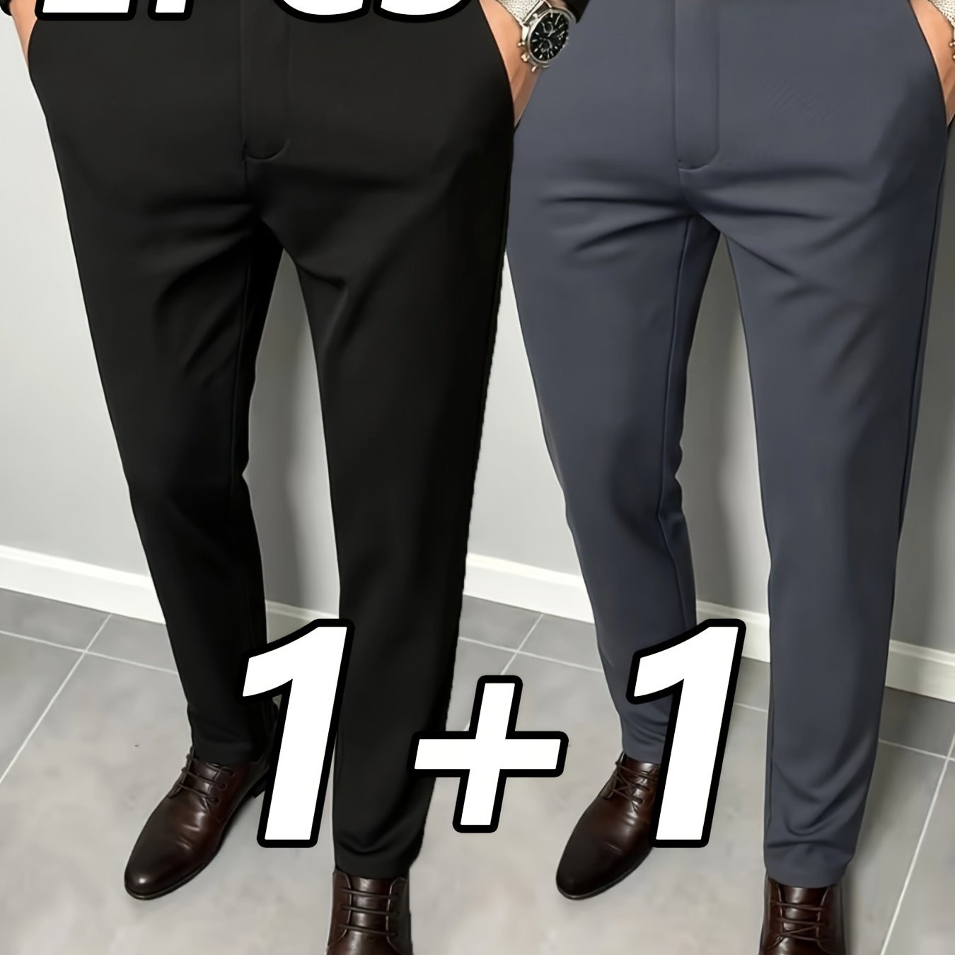 TEMU 2pcs Men's Business Dress Pants, Stretch Casual Straight Office Solid Color Suit Trousers For Office Workers