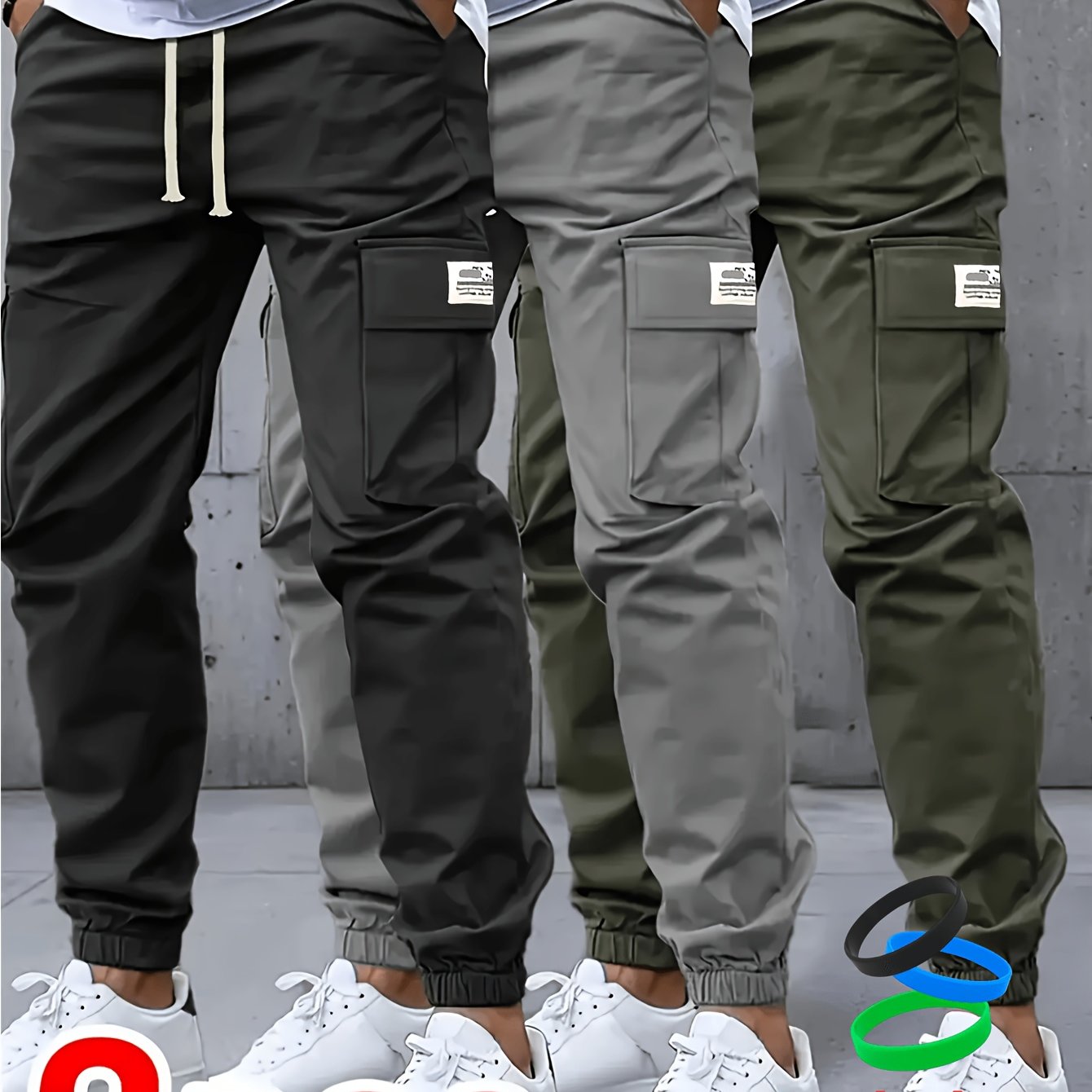 TEMU 3pcs Men's Casual Pants - Casual Overalls - Multiple Flap Pockets, Front Drawstring, Outdoor Work Pants, Includes Wristband Casual Overalls With