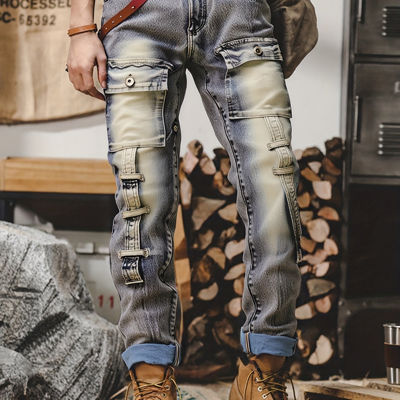 TEMU [hme]-153 's Slim-fitting Straight-leg Pants, Featuring A Blue-gray Aged Washed Finish, Multiple Pockets And Metal Decorations, Retro And