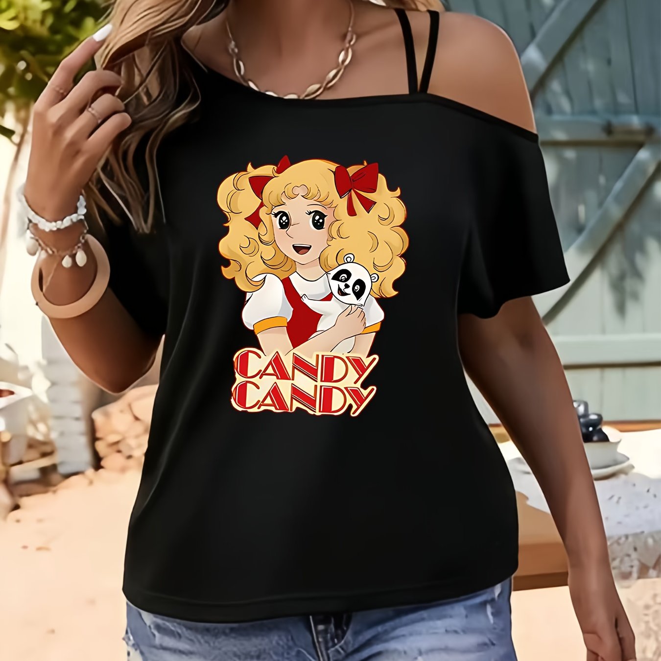TEMU T-shirt da donna a maniche corte con spalla , con una con doppie e una bambola, a tema 'CANDY'. Questa versatile t-shirt 癡 perfetta per uscite