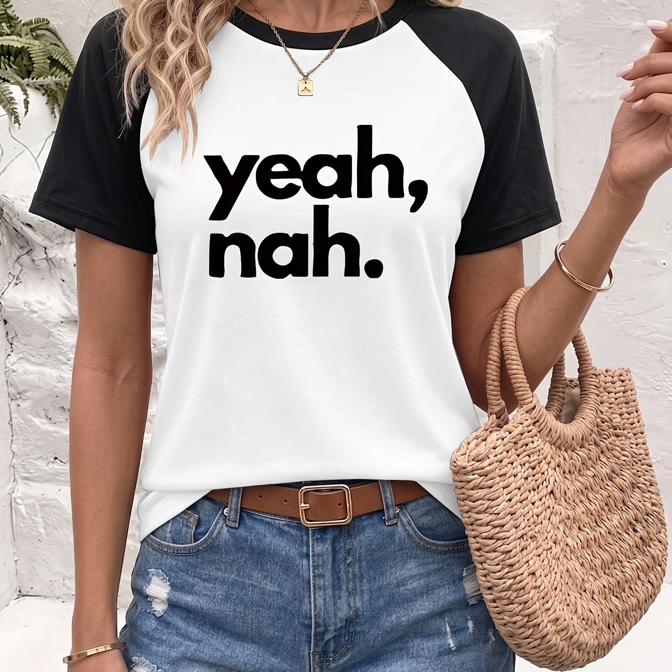 TEMU Women's ", Nah." Letter Print T-shirt - Short Sleeve Crew Neck Casual Top With Medium Stretch Suitable For Summer & Spring, Soft Breathable
