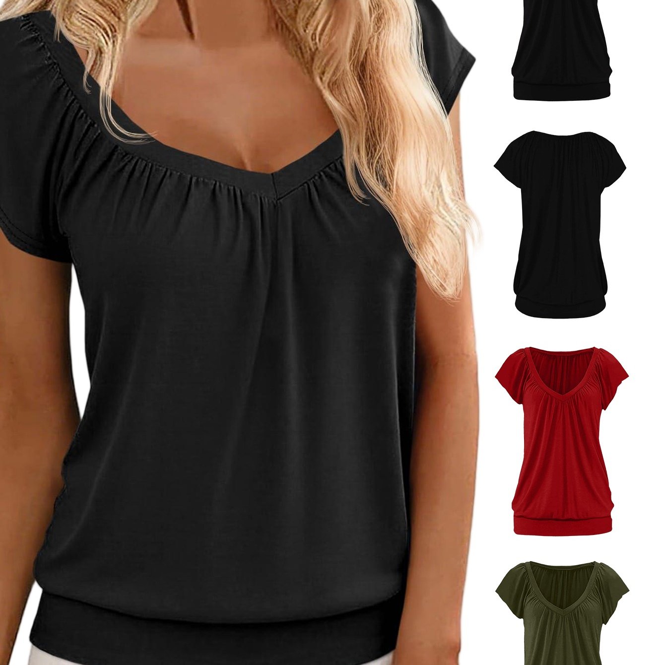 Womens V Neck T Shirts Cap Sleeve Summer Casual Shirts -bottom Loose Fit Basic Tops