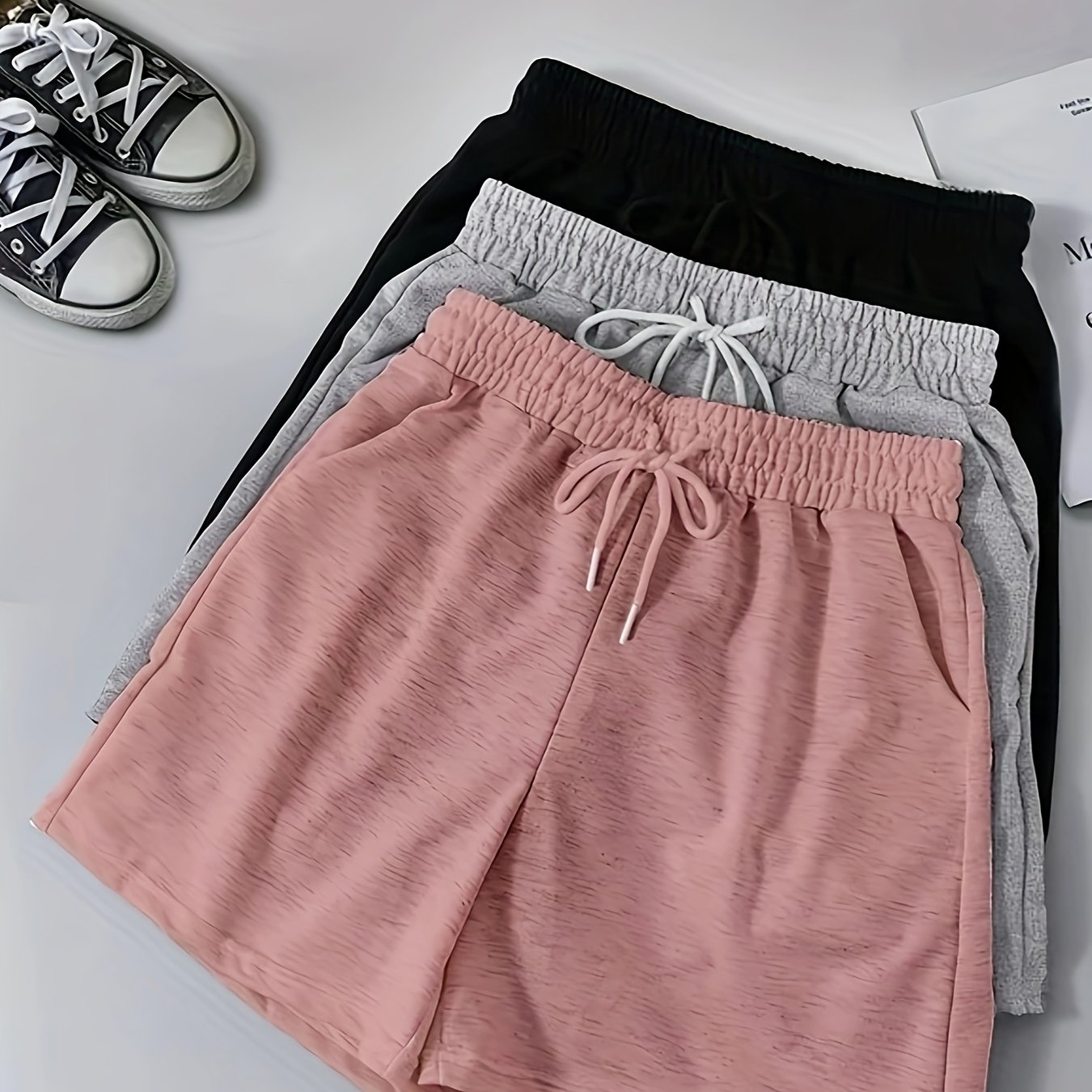 Image of 3pcs Set Of Spring Summer Women's Casual Wear, Double-pocket Waist Shorts Set