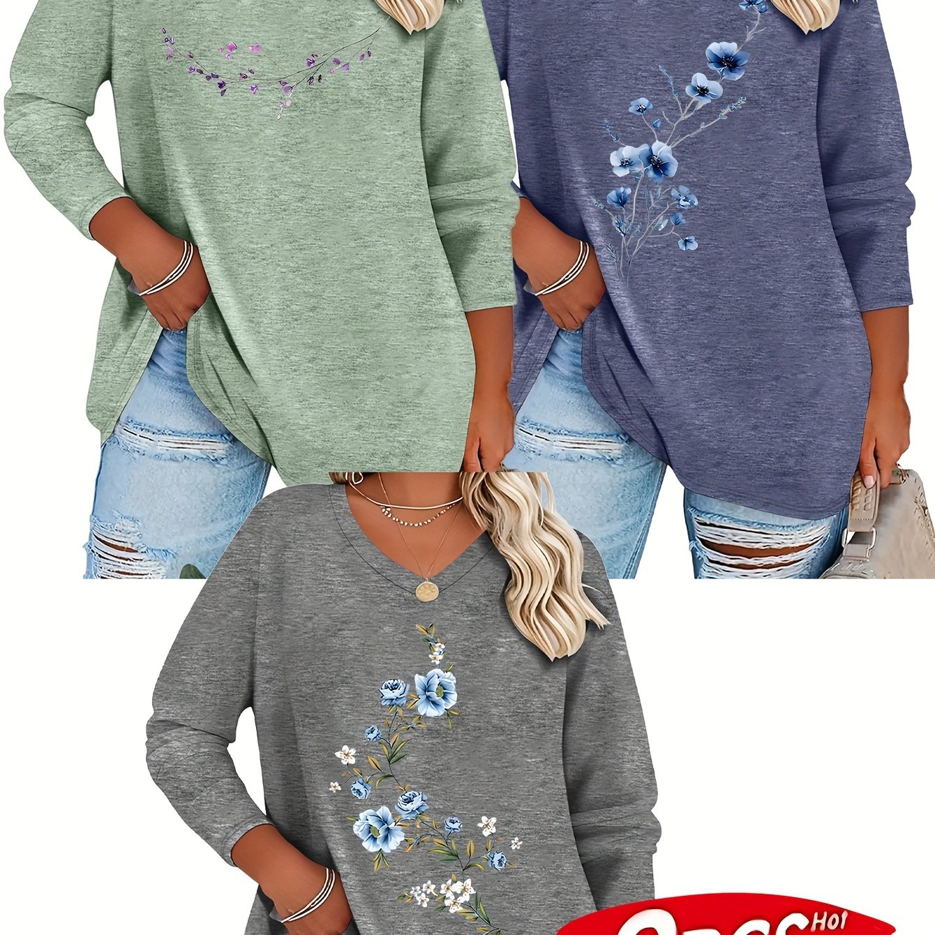TEMU Plus Size, Versatile T-shirt 3pcs Set: Spring/summer New Arrival Plus Size Women's Fashion Branch With Blooming Buds Long Sleeve V-neck T-shirt