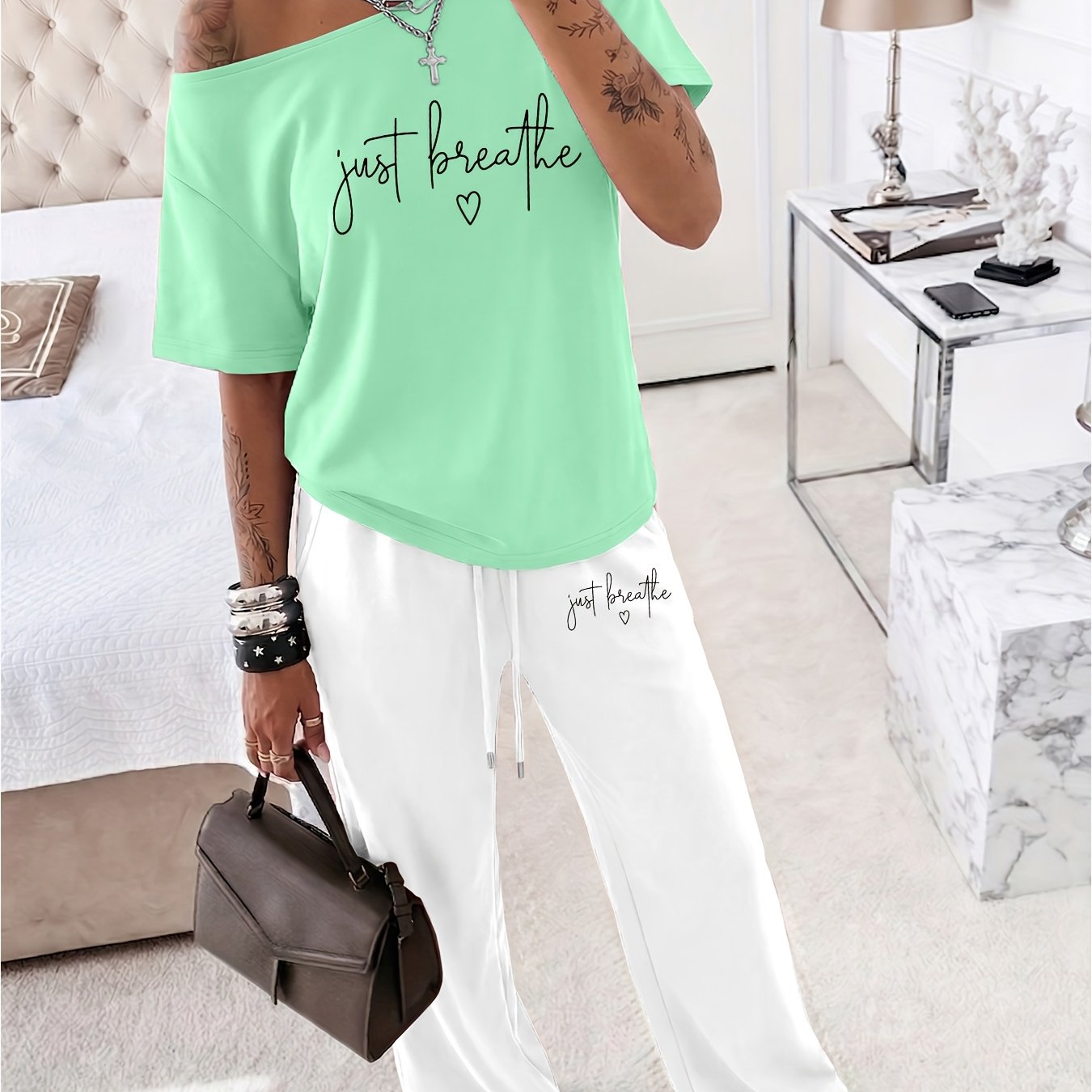Image of Women's 2pcs -shoulder Short Sleeve Top & Wide Leg Pants, Casual Matching Set, Multiple Colors