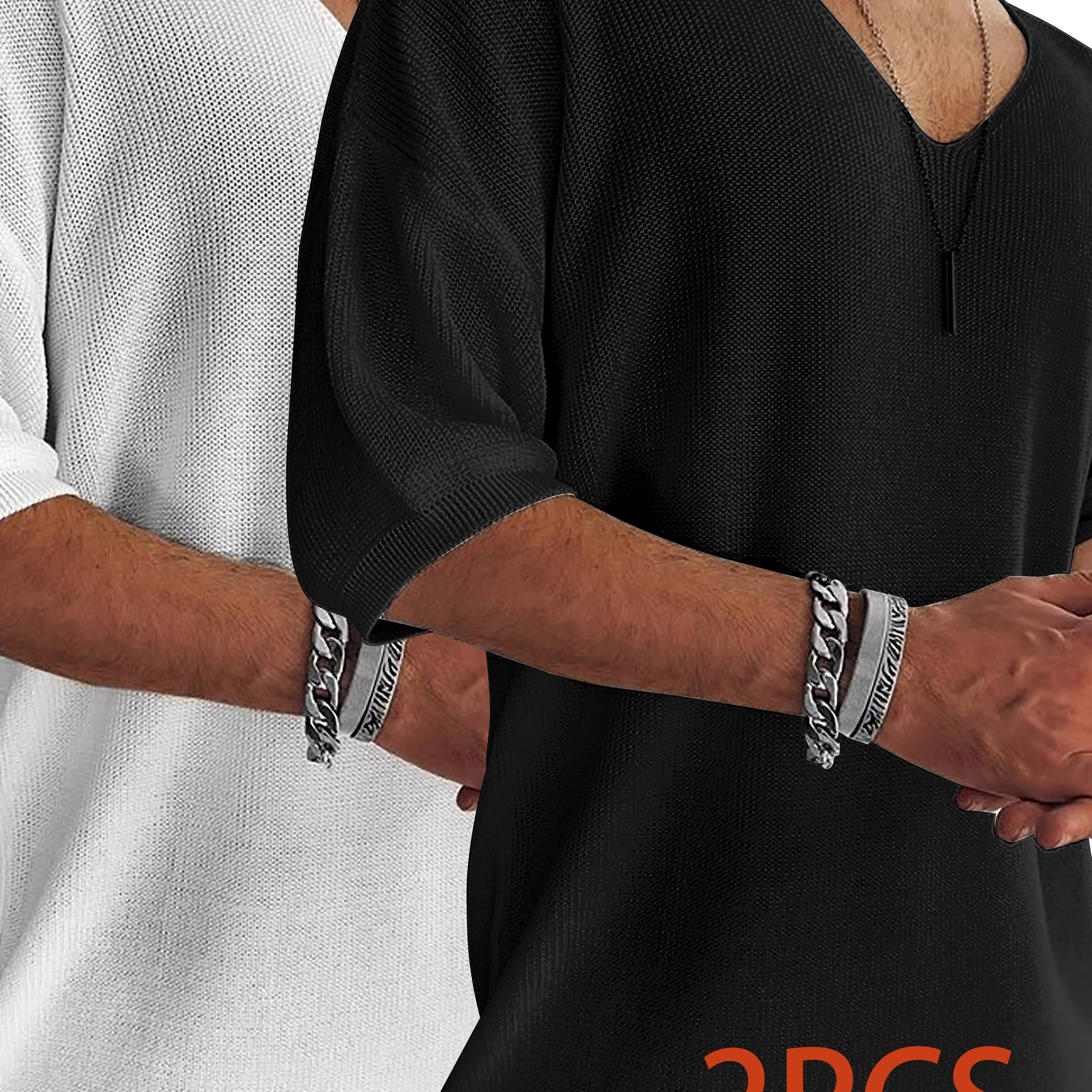 Men's V-neck Knitted Loose Drop-shoulder Solid Color Short-sleeve Pullover Two-pc
