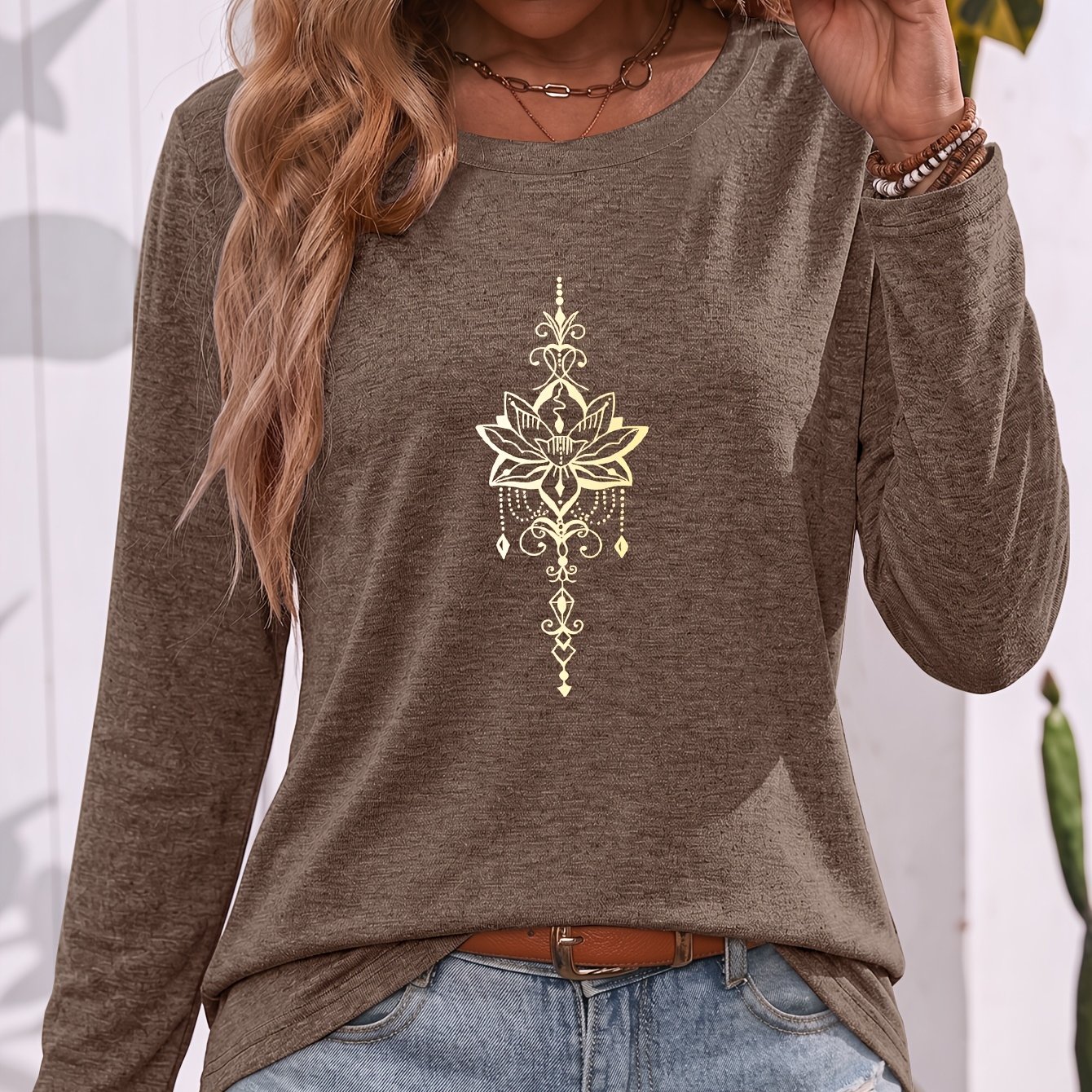 TEMU For Lotus Totem Pattern Printed Crew Neck Colored Long Sleeve T-shirt, Soft And Comfortable, Skin-friendly And Breathable, Loose And Casual,