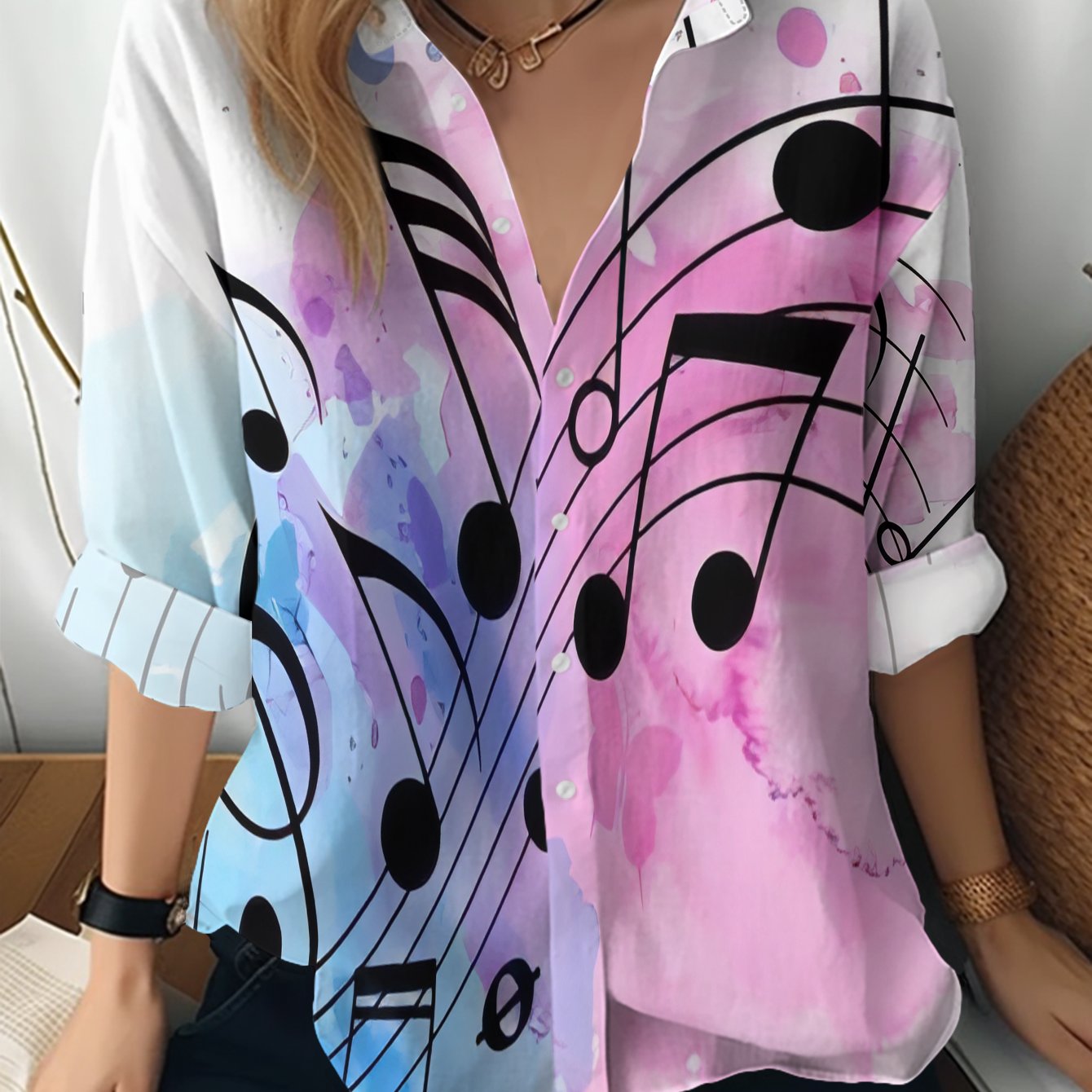 TEMU A Stylish Long-sleeved Lapel Shirt For Women, Featuring A Print Of Colorful Musical Notes