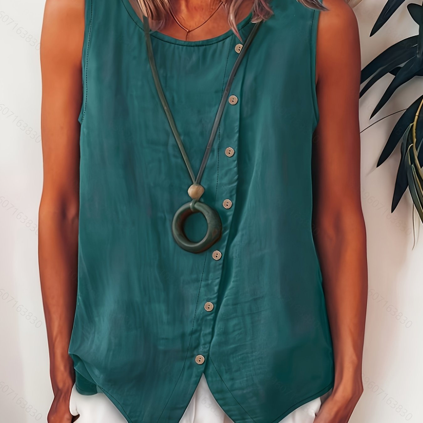 Spring Summer Round Neck Bohemian Style Sleeveless Solid Color Casual Beach Shirt Button-up Top Jydx
