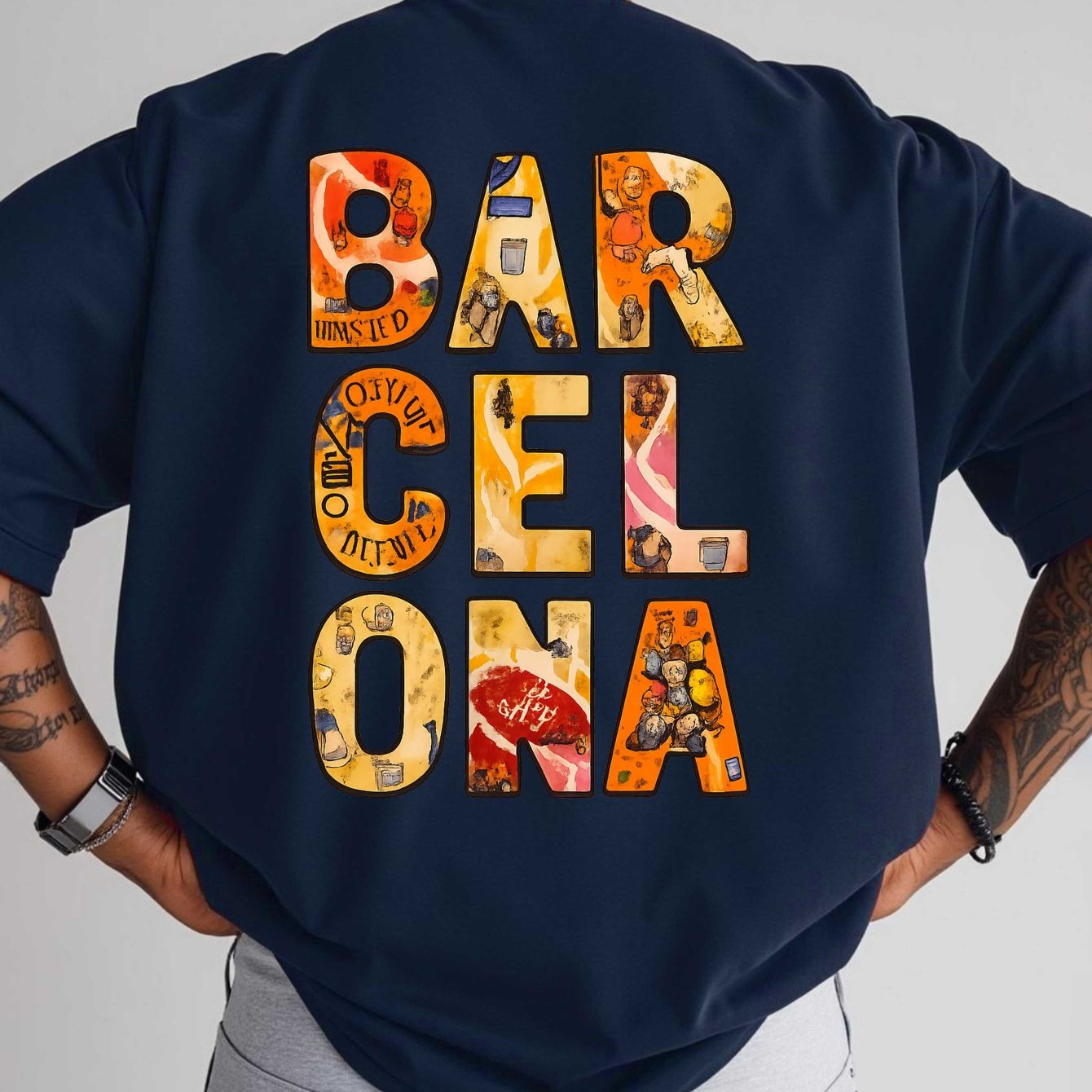 TEMU Barcelona Colorful Vintage Graphic Short-sleeved T-shirt Large Size Printed Bottoming Shirt Extra Large And Wide Spring And Summer Round Neck