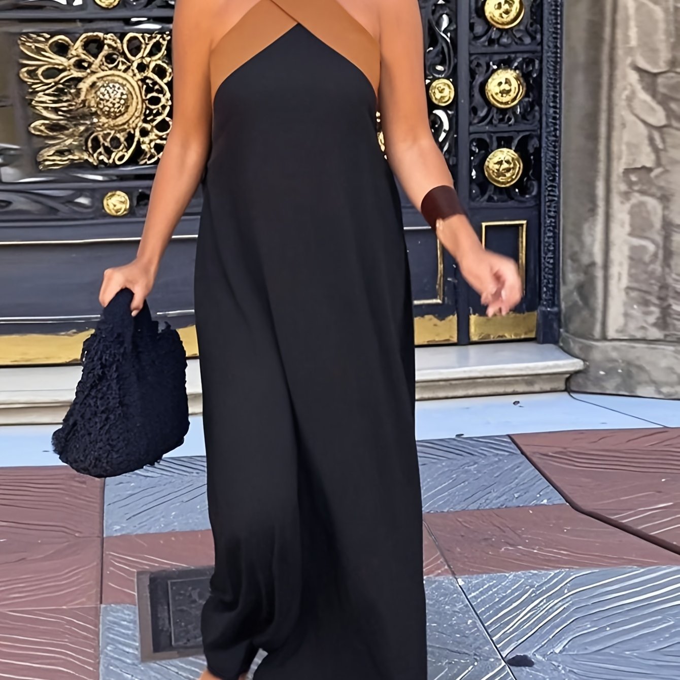 E-shop Einfarbiges, gekreuztes V-Ausschnitt, ärmelloses, lässiges, bequemes Urlaubs-Damenkleid