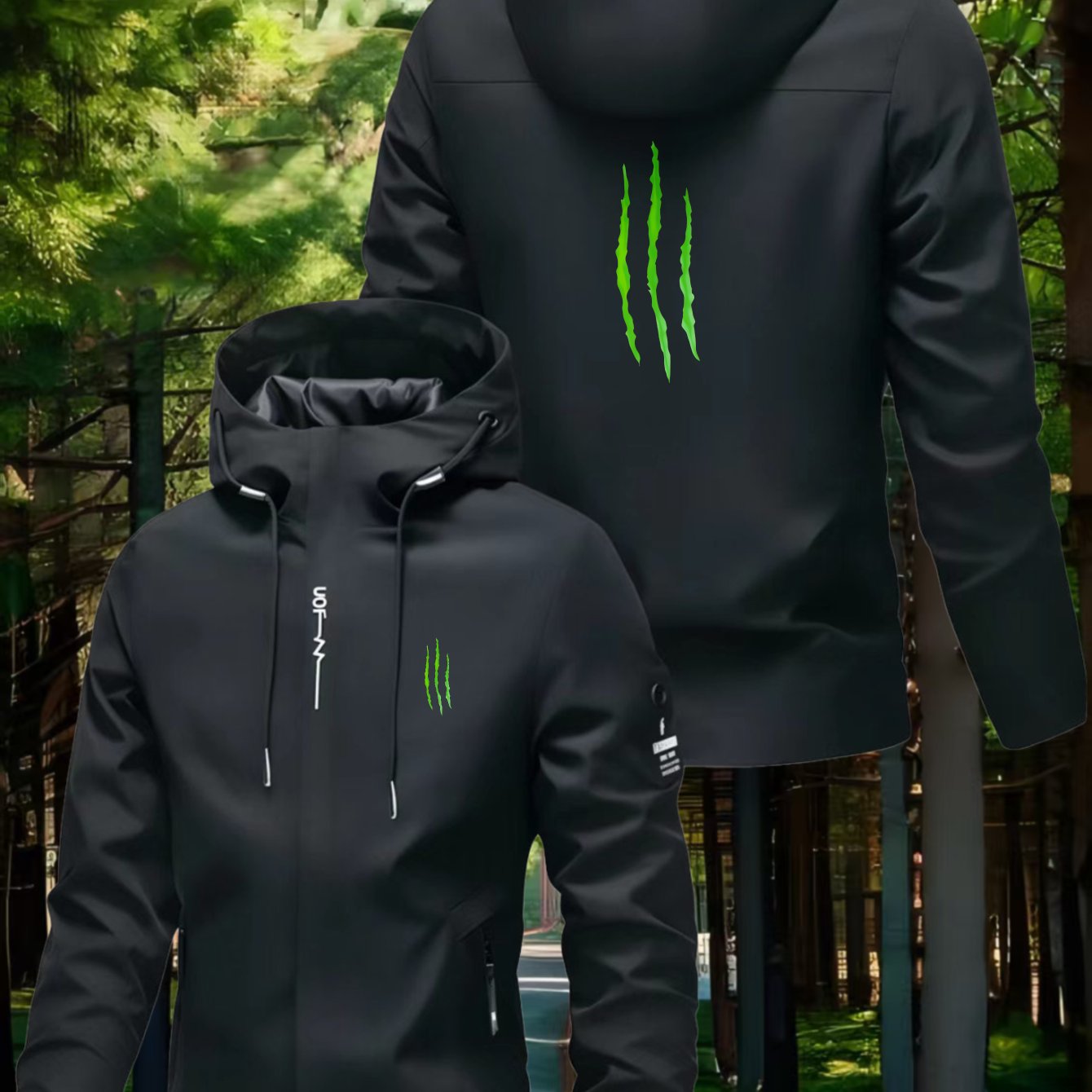 TEMU Men's Windproof Zip-up Hooded Jacket With Logo Print - Lightweight Hooded Trench Coat Suitable For Cycling, Commuting & , Machine-washable