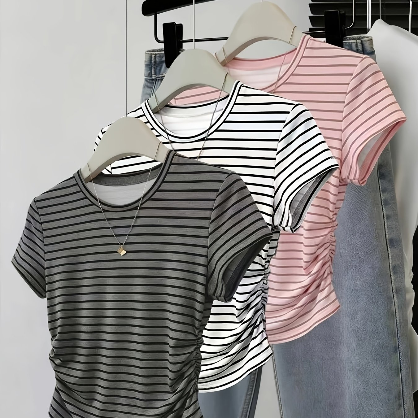 TEMU 3pcs Set, Striped Side Waist Ruched Design Solid Round Neck Short Sleeve T-shirt Women's Slim Fit Versatile Basic Top