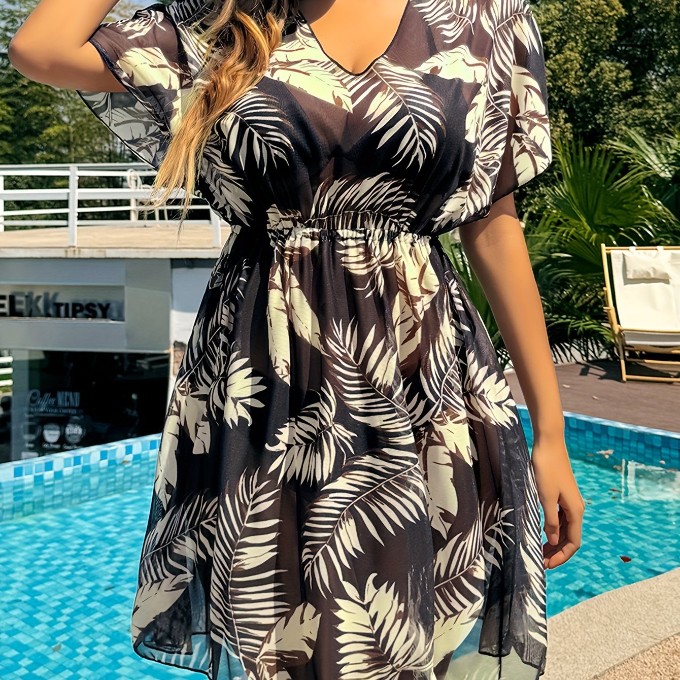 Image of Summer Beach Vacation Solid Color Plant Print Medium Long Mesh Hood Sweater Pullover Wrapped In Gauze Skirt Beach Skirt Shirt For Women