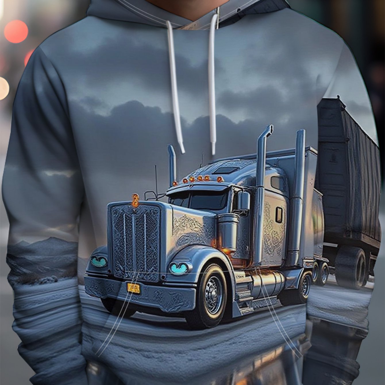 TEMU Men's Fashion Streetwear Hooded Sweatshirt - Silvery Shiny Truck Driving On Icy Road With Water Puddle Reflection, Mountains And Sky. Featuring