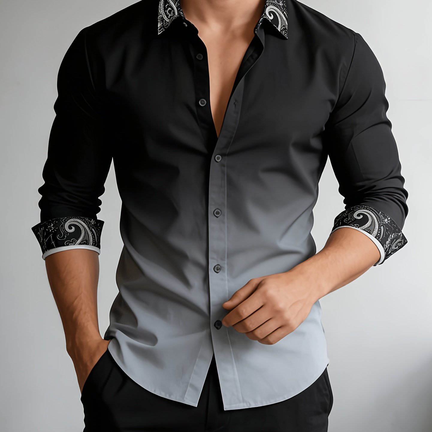 TEMU Men's Casual Business Shirts, Black And Gray Flower Checkered Patterns, Stylish And Luxurious, Suitable For Daily Wear, Parties, And Dates