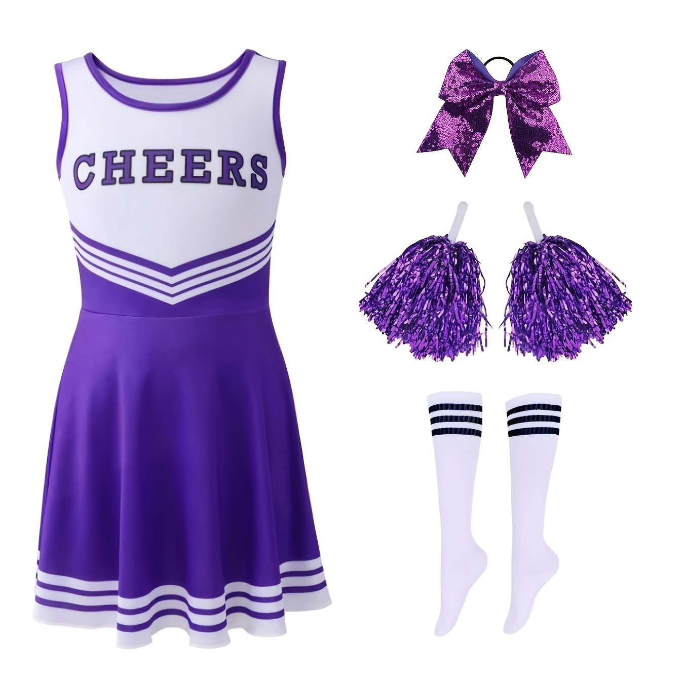 TEMU Ensemble de robe de cheerleading violet pour filles avec à nœud, pompons de cheer et chaussettes, idéal pour les fêtes, et les spectacles air