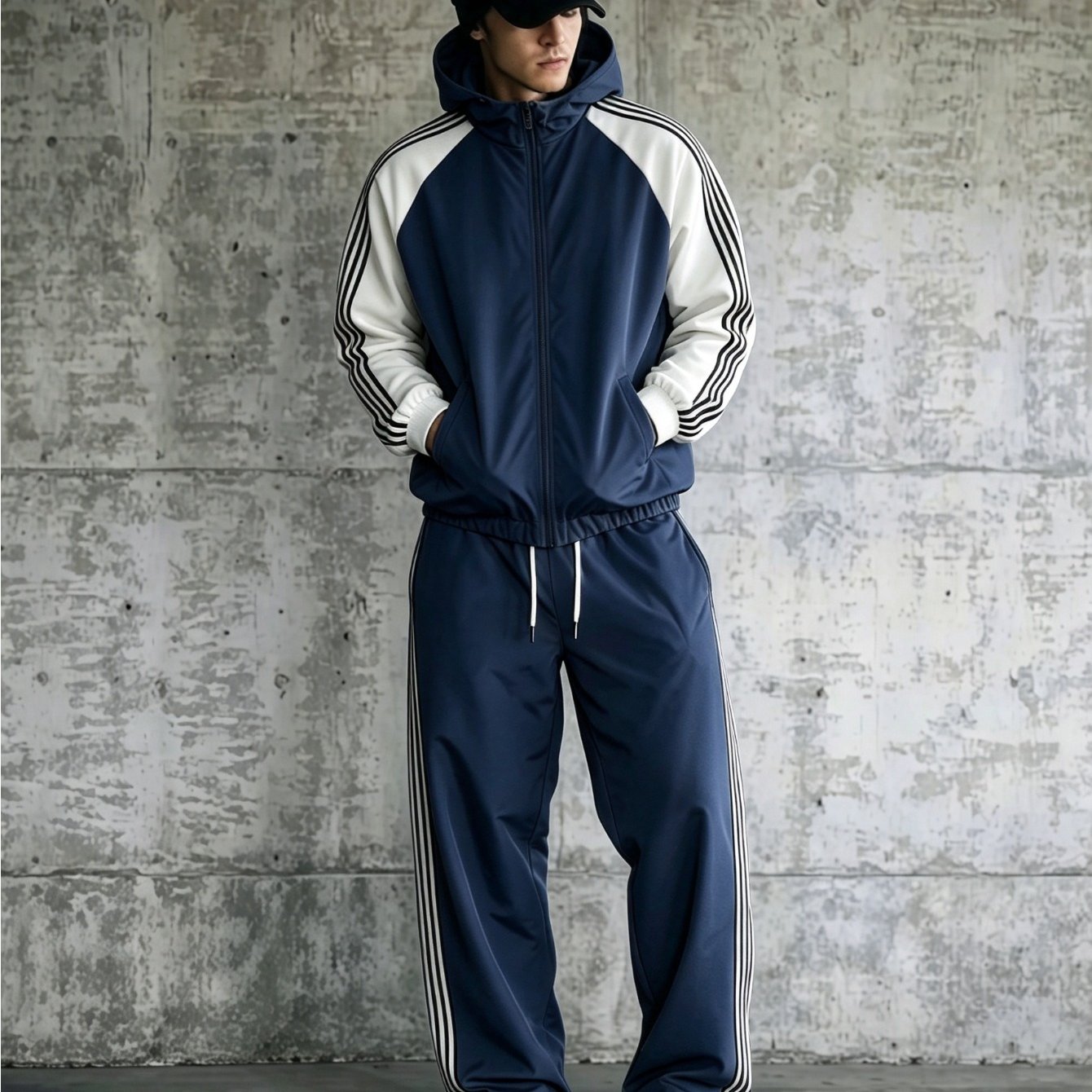 Men's 2pcs Tracksuit Set Zip-up Hooded Raglan Jacket And Wide-leg Striped Sweatpants Casual Athletic Streetwear Sweatsuit Outfit