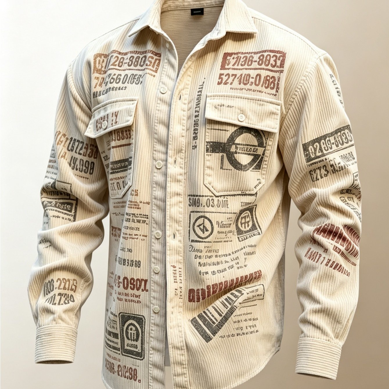 Image of Men's Beige Corduroy Shirt Jacket Long Sleeve Button Vintage Stamp Print Chest Pockets Casual Streetwear Regular Fit Outerwear For Daily Outdoor Camping Dating Fall Wear