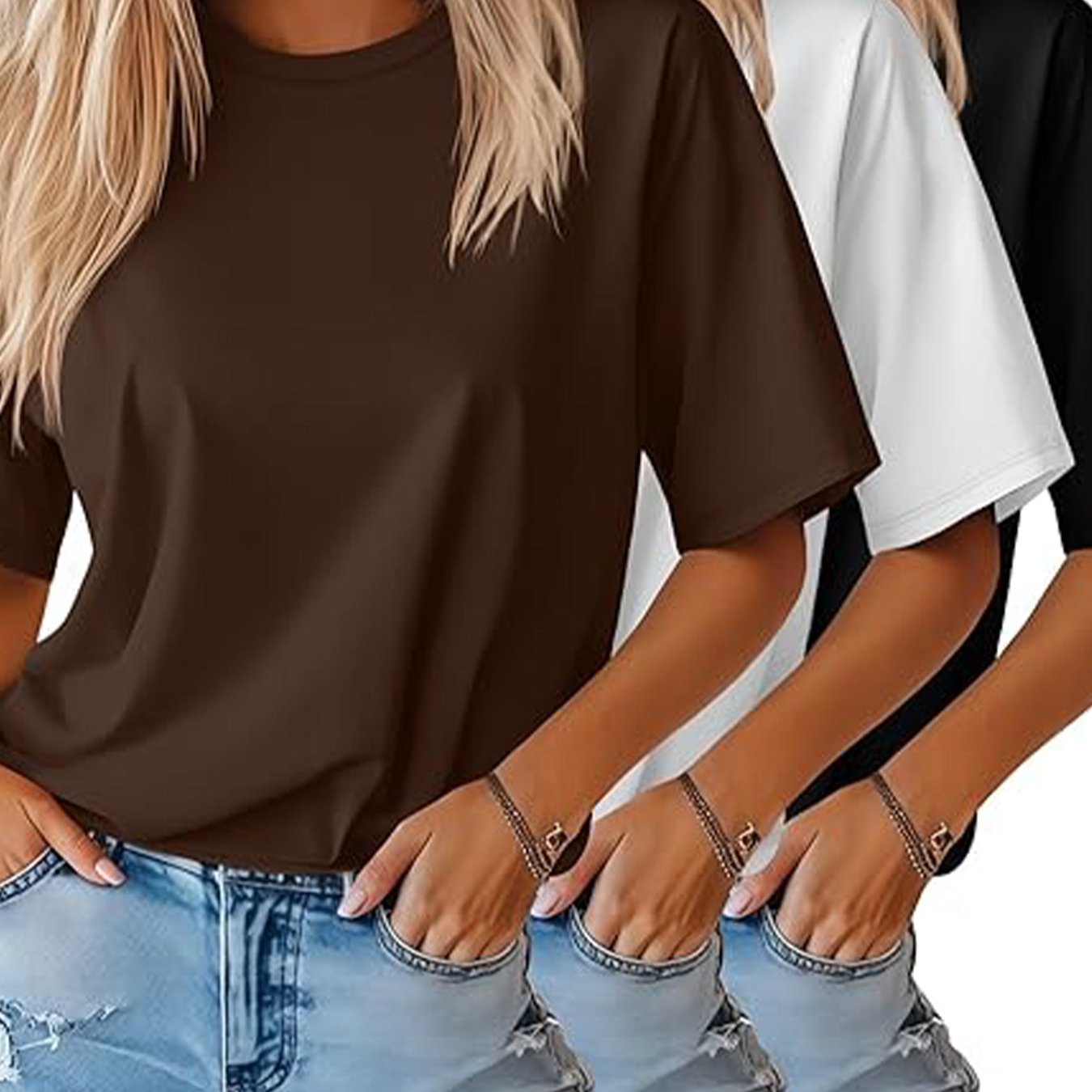 TEMU 3-pack Women' Solid Color Short Sleeve Crew Neck T-shirts - Basic Plain Round Neck Blouse-compatible Tops Suitable For Spring Summer Layering,