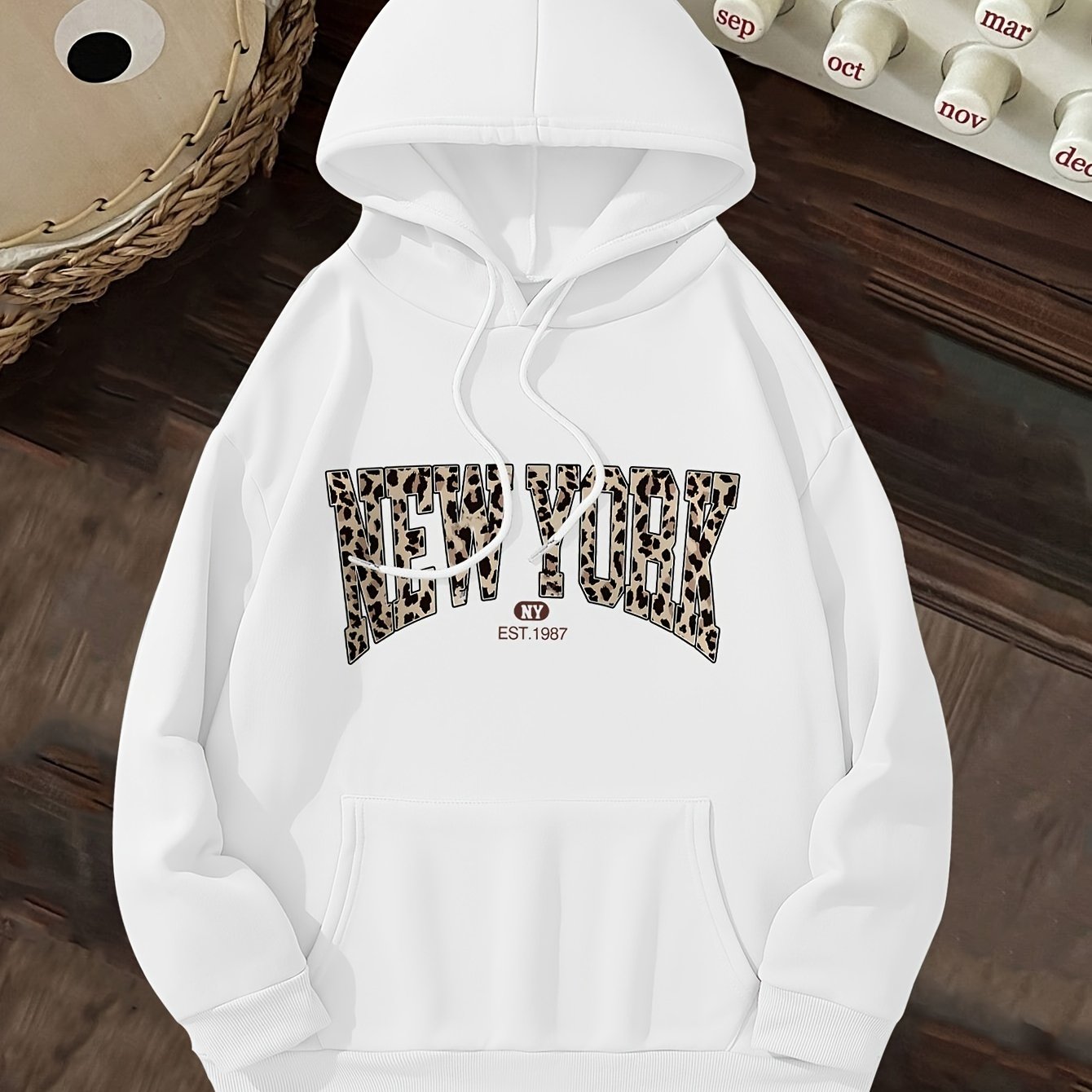 TEMU 1pc Women's Casual Leopard Print Letter Slogan Hoodie - Embossed Polyester Pullover With Pocket, Long Sleeve Hooded Sweatshirt For Fall/winter