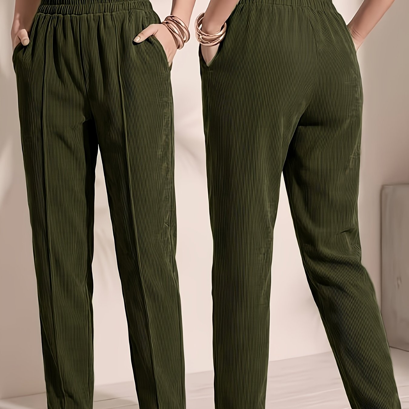 TEMU Pantalon long en velours pour femmes, printemps, automne, hiver, élégant, rétro et décontracté, avec poches et taille élastique, pantalon