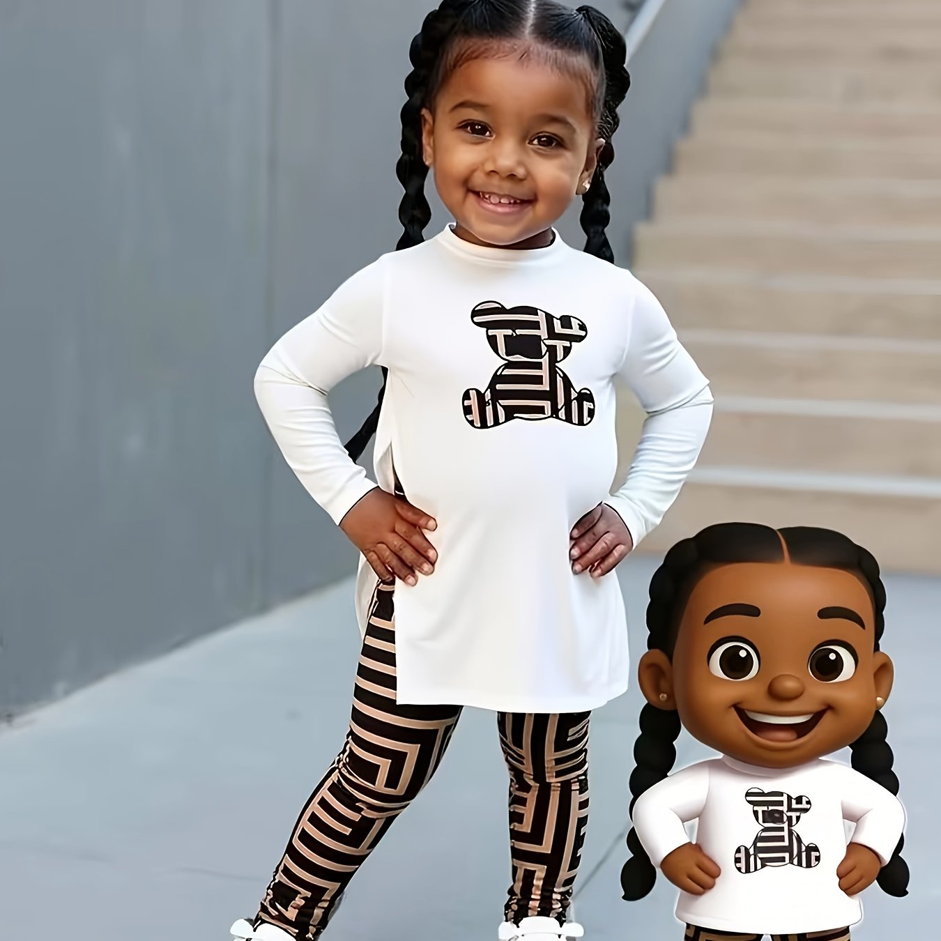 Image of Spring/autumn Style Infant & Toddler Girl's Round Neck Cartoon Print Long Sleeve Top And Geometric Print Long Pants Casual Two-piece Set, Development