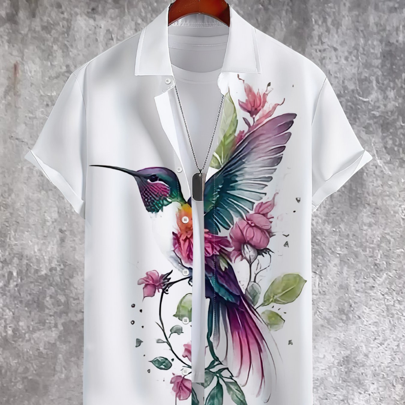 TEMU 2026 Summer 's Fashion Short Sleeve Shirt With Unique Hummingbird Floral , Casual Loose Fit With Turn- Collar