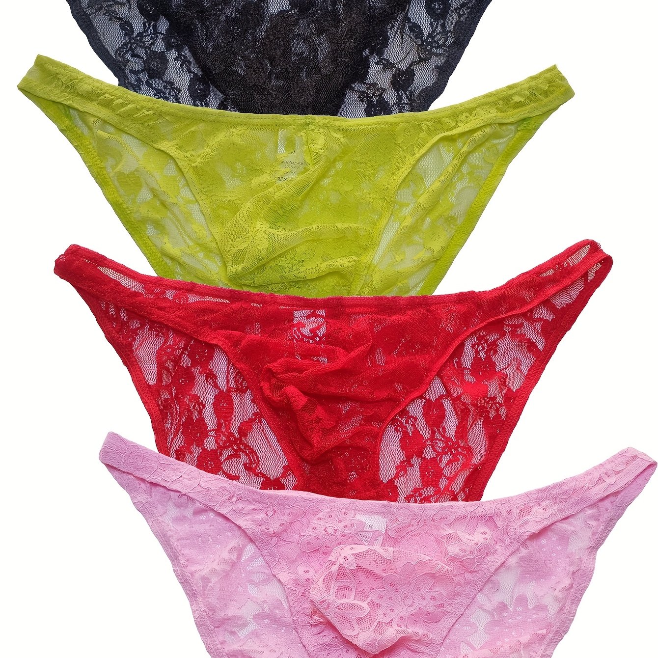 TEMU 4pcs Men's Mesh Lace Ultra-thin Sheer Printed Thong Underwear With Thin Straps, Ring Detail, Transparent Mesh Holes, , Fashionable, Breathable,