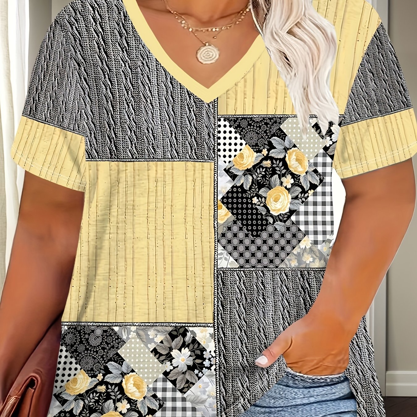 TEMU Plus Size, Plus Size Women's Casual V-neck T-shirt - Color-block Floral & Geometric Print, Stretchy Polyester Fabric, Breathable Summer Top,