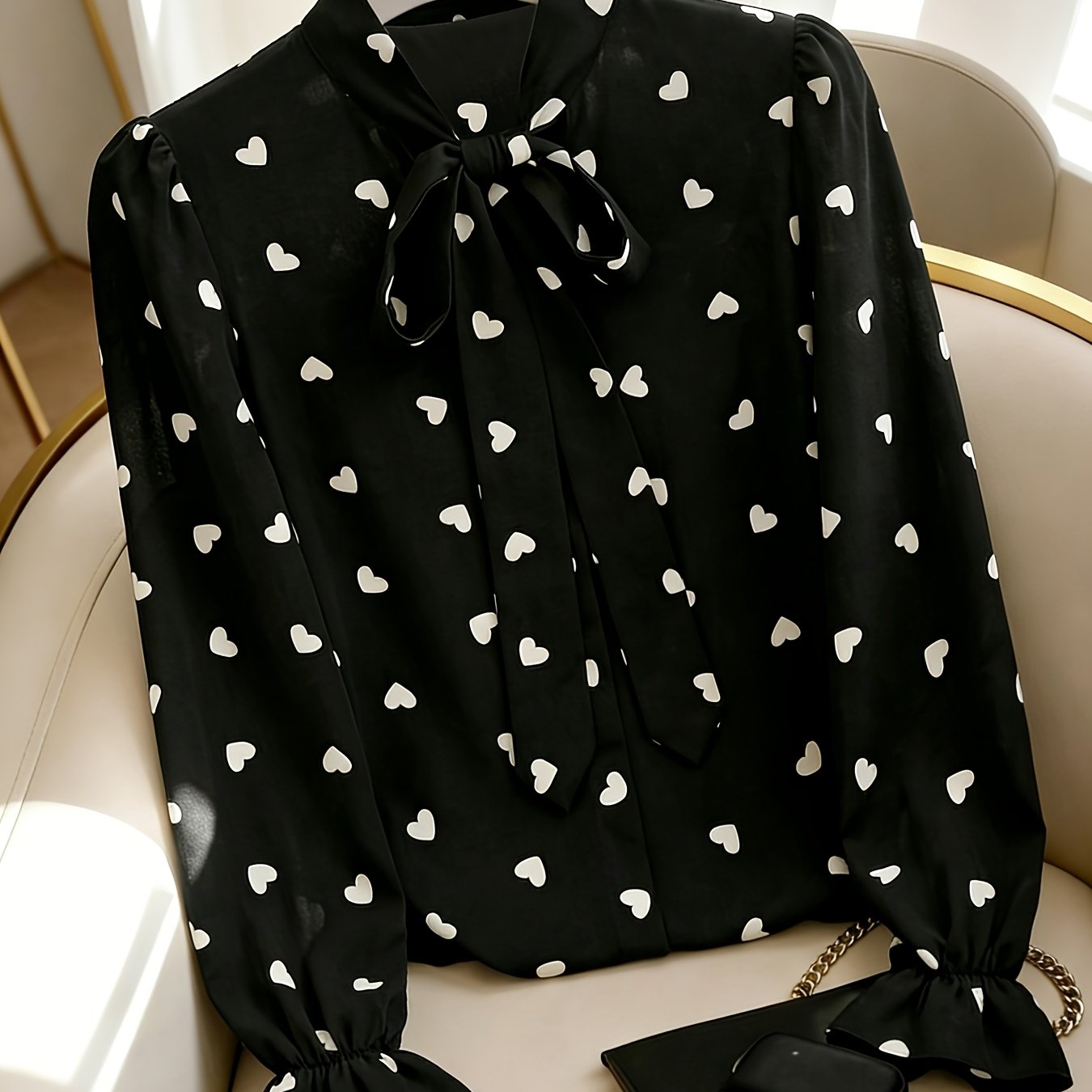 TEMU [development Dj2601330551536] Women's Printed Front-center Tie Bow Long Sleeve Casual Elegant Shirt, Suitable For Daily, Holiday, Vacation, And