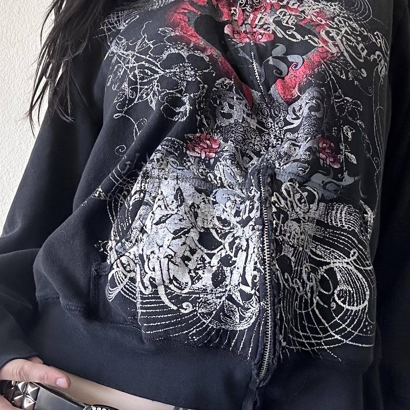 Women Zip up Hoodies Gothic Heart Print Loose Long Sleeve Sweatshirt Jacket for Fall Streetwear