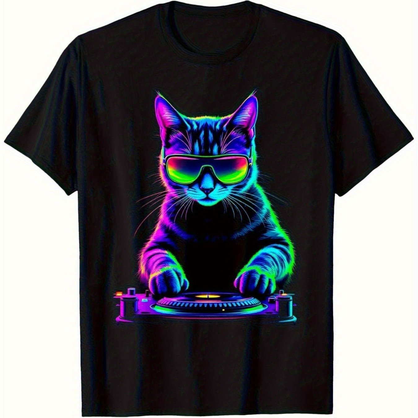 Image of Dj Cat Techno Edm T-shirt | Glow Cat Dj Graphic Tee, 100% Breathable Moisture-wicking Fabric, Neck Short Sleeve For Rave Parties, Music Festivals & Streetwear - Unisex Gift For