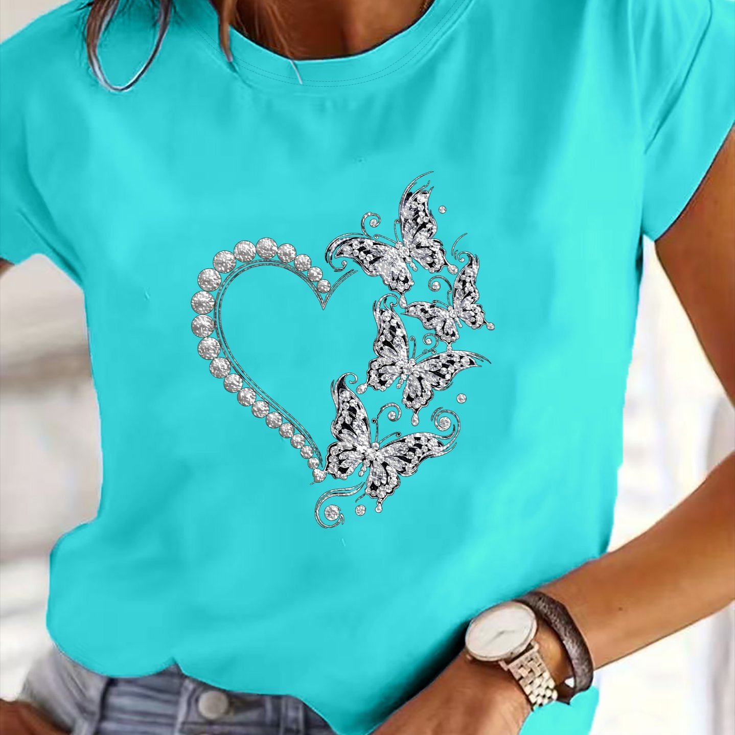 TEMU 3388# Elegant Women's T-shirt Short Sleeve, Fashionable , Summer Essential, Travel, Date, Gift, Vacation, Beach Heart-shaped Diamond