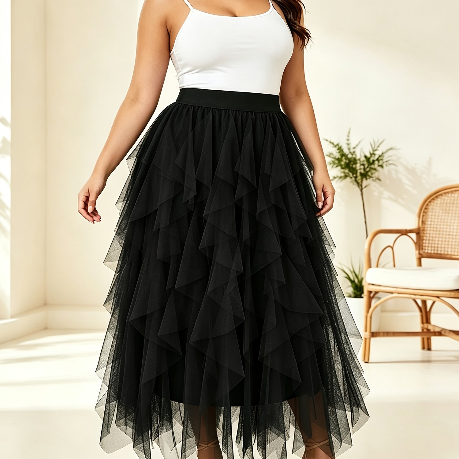TEMU Plus Size Women's Irregular Layered Tulle Skirt, High Waist Elastic Waistband Flowy A-line Mesh Skirt, Suitable For Party, Daily Wear