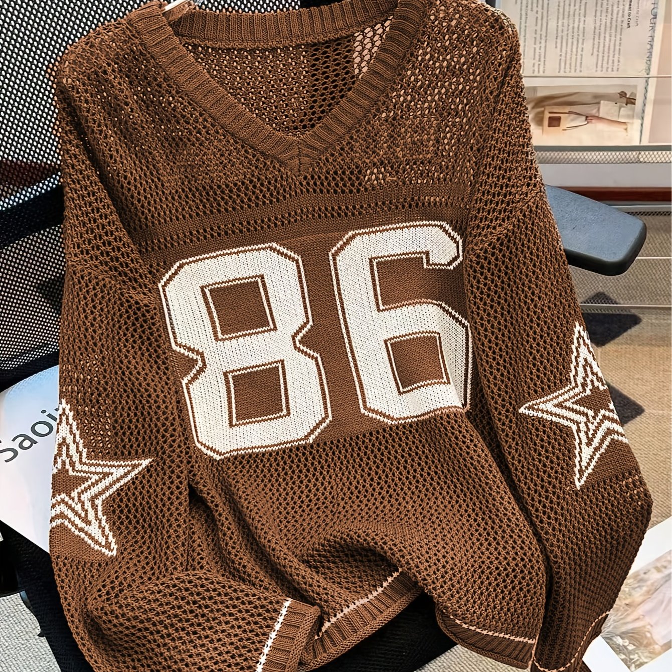 TEMU Spring/summer European And Vintage Number Cutout Sweater With Star Pattern, Loose