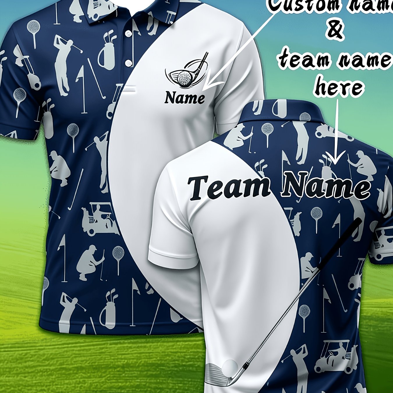 TEMU Personalized Men's Plus-size Golf Shirts, Customizable With Names And Team Titles, Made From Breathable Quick-dry Fabric, Featuring A Sporty