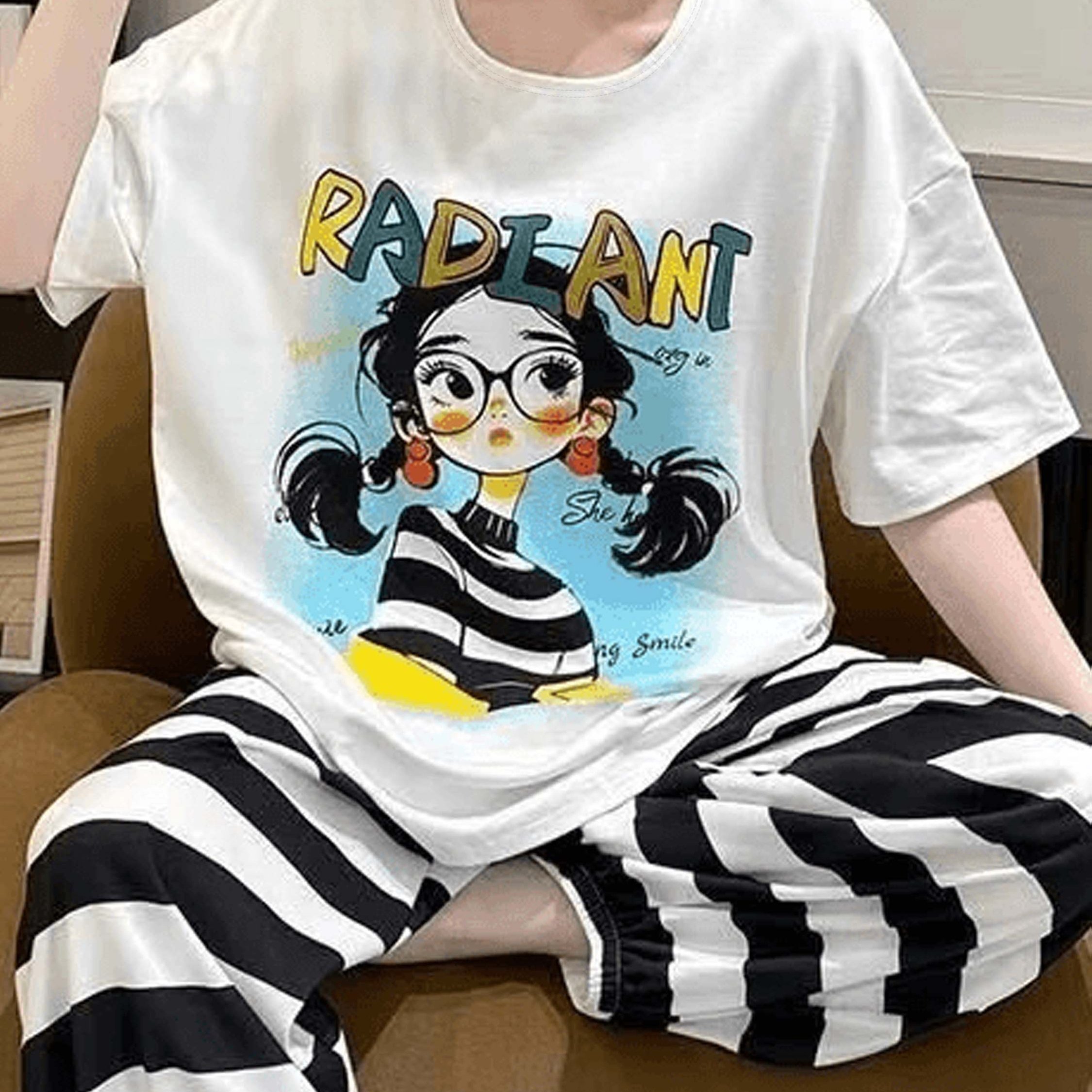 TEMU Cloud 2pcs Set: Cute Cartoon Little With Black Glasses And 2 Small Braids Print, With Striped Long Pants Set - Asian Size