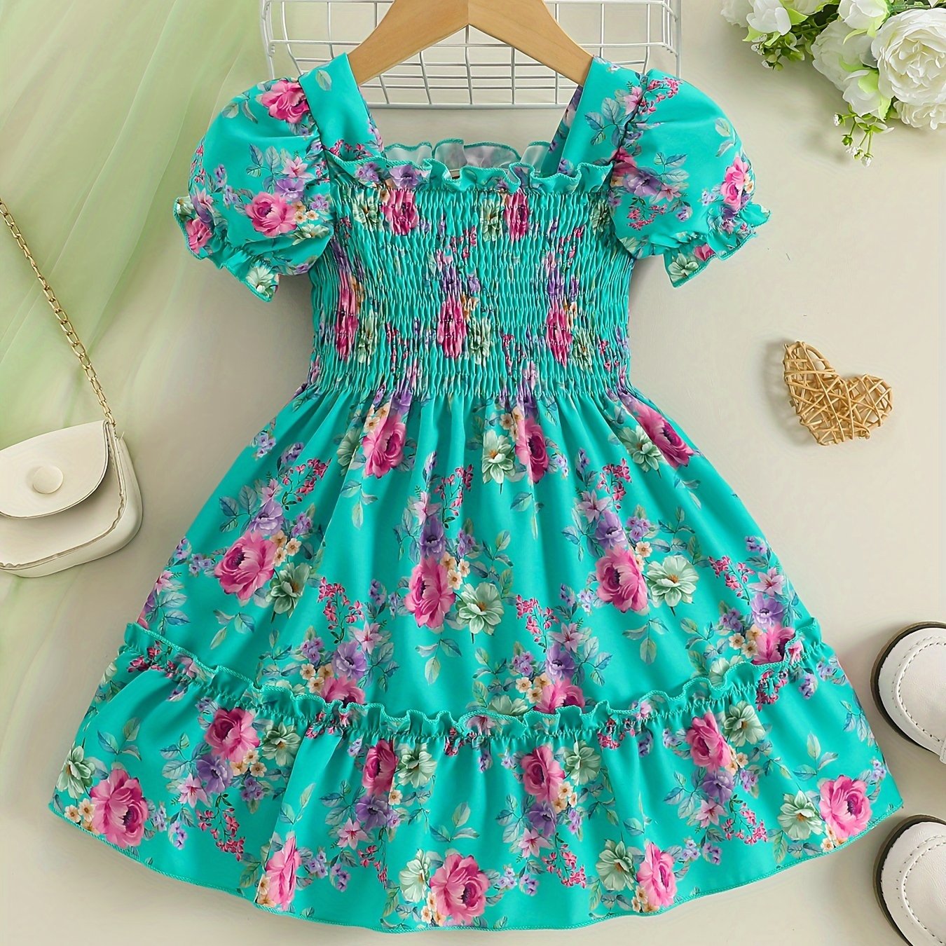 Image of Elegant Fashion Girls' Dress Floral Print Dress Hem Skirt Puff Sleeve And Ruched Details Suitable For Parties And Beach Wear