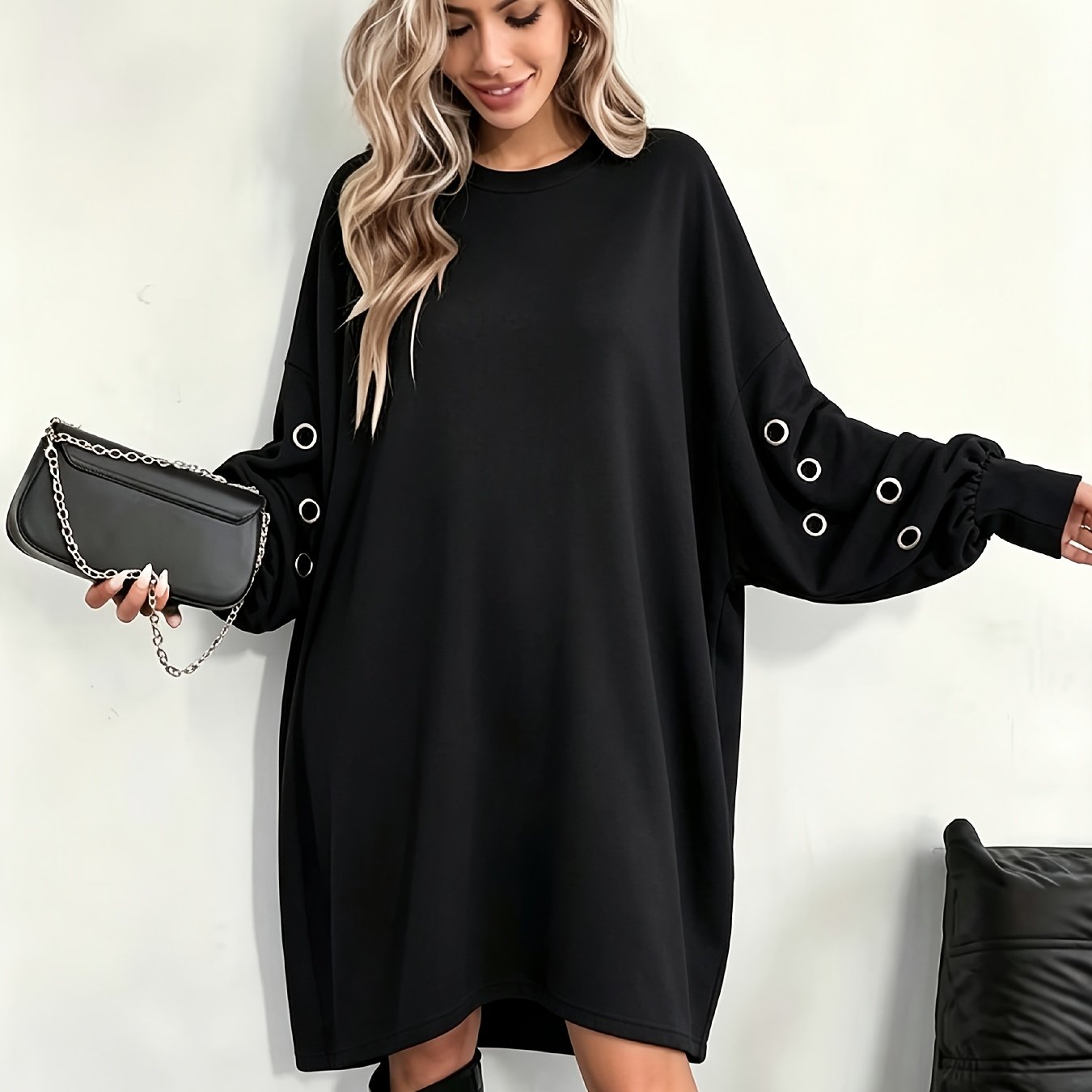 TEMU Plus Size - Nieuwe Collectie Plus Size Dames Gothic Oversized Midi Jurk, Uitgesneden Rivet Design, Verstoten Metalen Oogjes Decor Mouwen, Zachte