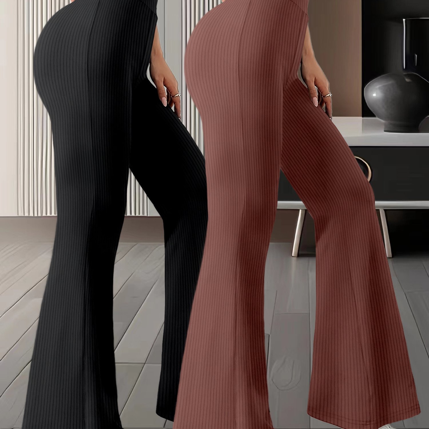 TEMU 2pack Women Solid Color High Waist Slim Fit Flare Leg Pants, Stretchy Pants, Versatile Casual Long Length Pants, Women's Clothing