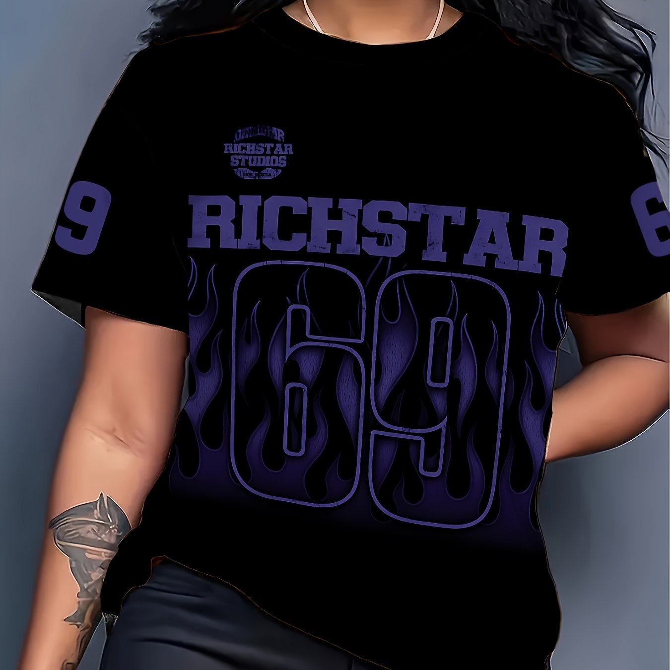 TEMU 69 Black And American Short-sleeve T-shirt For Summer Casual Fashion, Suitable For Outdoor Daily, Gatherings, And Versatile Women's Tops