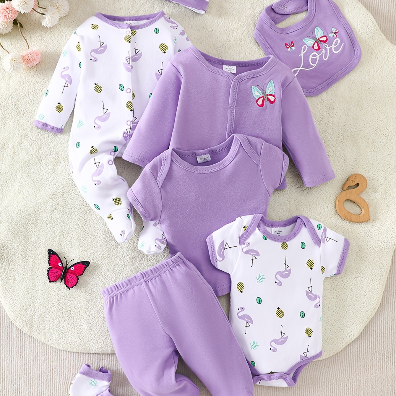 Image of 8pcs Baby Girl Newborn Bodysuit Set, Material, Comfortable And Breathable, , Suitable For 0-9 Month Old Babies To Wear Indoors And Outdoors, As A Gift, For Outdoor
