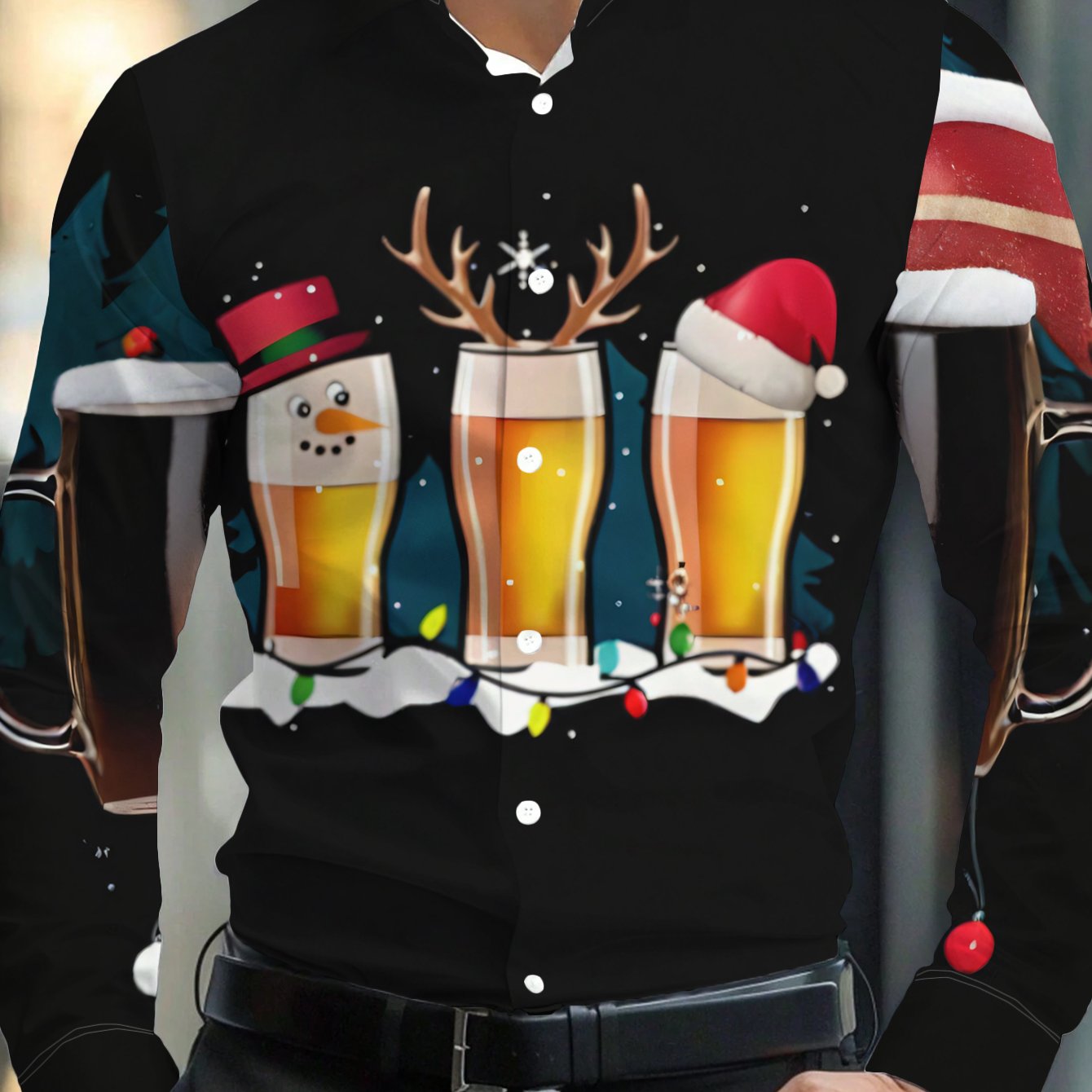 TEMU Men's Relaxed Long-sleeve Shirt Featuring A Christmas Theme With Illustrations Of Beer Mugs. 3 Mugs Of Dressed As Snowmen And Reindeer Wearing