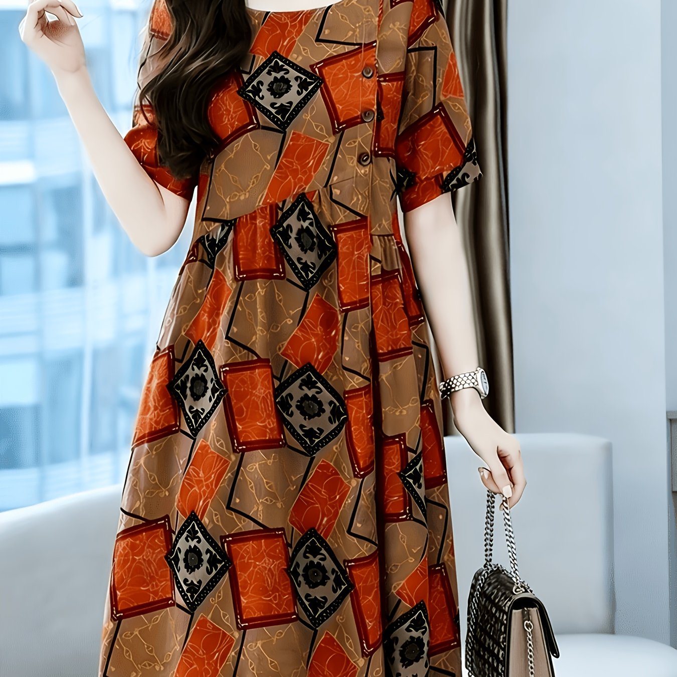 Image of Elegant Special Spring, Summer And Autumn New Dress Women's Mid-length And Skirt Round Neck Short-sleeved Square Print Loose A-line Skirt Casual Breathable Sweat-absorbent Healthy