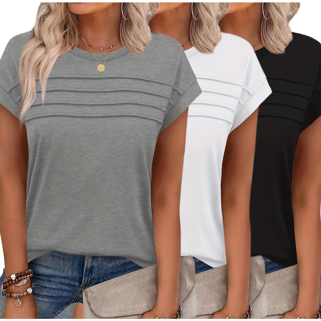 E-shop 3er-Pack Damen Kurzarm-Blusen mit Rundhalsausschnitt - Einfarbige Casual Kurzarm-Shirts, Atmungsaktive Alljahres-T-Shirts, Maschinenwaschbare