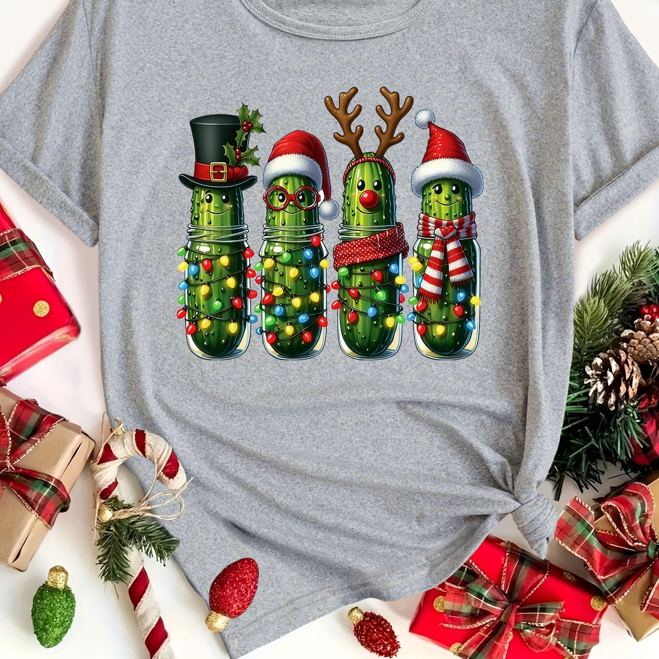 TEMU T-shirt de Noël hilarant, motif cornichon, haut à manches courtes pour femmes, cadeau de Noël non traditionnel